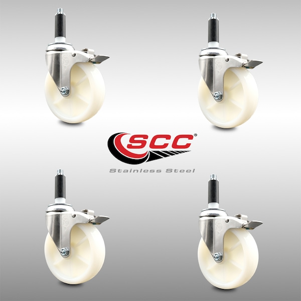 5 Inch 316SS Nylon Wheel Swivel 7/8 Inch Expanding Stem Caster Set Lock Brake